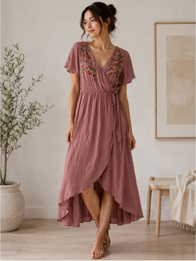 Wren & Ivory Embroidered Wrap Midi Dress Pink Floral Hi Low Boho Women